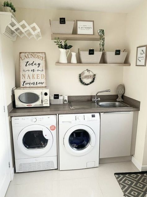 I thought my utility room was looking a little plain and boring and lacked in storage. We hadn’t done much to it since we moved in so I decided to give it a revamp. I am very happy with the results! This was it before. I had put up some frames and a drying rack but hadn’t done much else with it So I took down all the frames and left the blank wall ready for the floating shelves to go up This was the shelf I used. One was 80cm and one was 100cm I measured out the space on the wa… Laundry Closet Makeover, Utility Room Storage, Small Utility Room, Utility Room Designs, Small Laundry Room Makeover, Laundry Room Renovation, Brick Paneling, Laundry Closet, Room Shelves