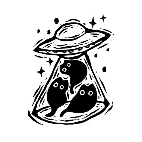 Ufo Cats Ufo Drawing, Trippy Cat, Ufo Tattoo, Arte Doodle, Linocut Printmaking, Lino Art, Cat Stamp, Cat Doodle, Linocut Art