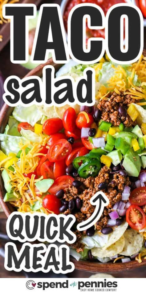 Crispy, crunchy, and colorful, who doesn’t love a Taco Salad? This easy taco salad recipe is so much fun to put together because there are so many different toppings you can add! Plus it's super versatile, add ground beef, ground chicken, or even shrimp! #spendwithpennies #tacosalad #tacosaladrecipe #easytacosalad Taco Salad Seasoning Recipe, Party Taco Salad, Meterranian Diet, Tacos Salad Recipes, Taco Salads Recipes, Easy Taco Salad Recipe Simple, Recipe For Taco Salad, Taco Salad Healthy, Homemade Taco Salad