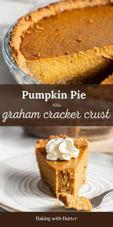 Pumpkin Pie Crust Recipe, Pumpkin Baking Recipes, Pie With Graham Cracker Crust, Pumpkin Pie Crust, Creamy Pumpkin Pie, Graham Cracker Crust Recipe, Pumpkin Pie Recipe Easy, Graham Cracker Recipes, Graham Cracker Crust Pie