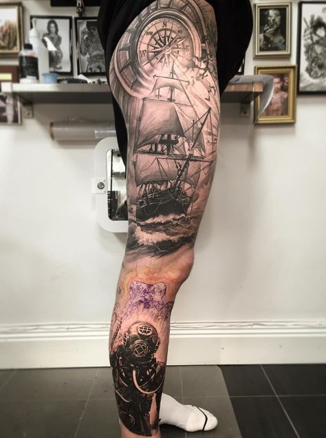 Tattoodotmusic on Twitter: "#tattoodotcom #inkoftheday by Andy Blanco #blackandgreytattoo #realistictattoo #shiptattoo #scubadiver #tattoos #ink https://t.co/1bL17cquIf https://t.co/WCNmwpTZF8" / Twitter Literary Tattoos, Sea Tattoo Sleeve, Tattoo Ship, Ship Tattoo Sleeves, Pirate Ship Tattoos, Nautical Tattoo Sleeve, Pirate Tattoo, Sea Tattoo, Ankle Tattoo Small