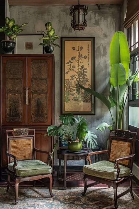 #decor #asian #chinese #livingroom #greenaries #oriental #retro #soothing Vintage Asian Home Decor, Cozy Asian Living Room, Asian House Design Interiors, Chinese Inspired Decor, French Vietnamese Decor, Vintage Japanese Home Decor, Chinese Inspired Interior Design, Chinese Dark Academia, Southeast Asian Interior Design