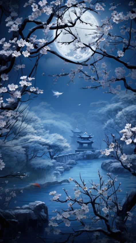 Moonlit Blossom Serenade. Moonbeams on cherry blossoms, paper art texture, 3D night sky illustration, blue and white moonlight serenade, tranquil scene with nocturnal birds, silver river flowing, tranquility in lunar glow, textured layers of Japanese garden, nature’s nighttime symphony, craft of scenic beauty, peaceful moonrise, simplicity of an oriental night. --ar 9:16 --style raw Moon And Cherry Blossom, Night Sky Illustration, Blue Cherry Blossoms, Moonlight Serenade, Sky Illustration, Chinese Flowers, Japanese Blossom, Cherry Blossom Wallpaper, Blue Blossom