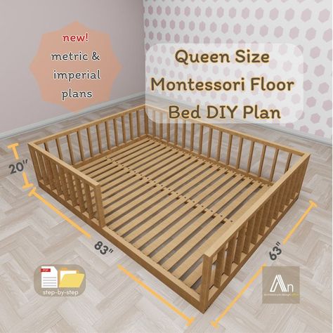 Queen Montessori Floor Bed Build Plan I Queen DIY Wooden Montessori ✨ #toddlergames #toddlers #toddlertoys #firstbirthday #firstbirthdayideas #nurserydecor #nursery #babyroom #babyroomdesign #kidsroom #toddlerroom #montessory #woodentoys #firstbirthdayparty #kidsofinstagram #playroomdecor #woodentoys #imagineplay #playroomdecor #playroomdesign #toddlerapproved #activitiesforkids #education #stemforkids Queen Size Montessori Bed, Montessori Queen Bed, Montessori Floor Bed Diy Queen, Montessori Bed Queen, Diy Floor Bed Frame Queen, Diy Floor Bed Queen, Montessori Floor Bed Diy Plans, Diy Floor Bed Frame, Diy Toddler Floor Bed