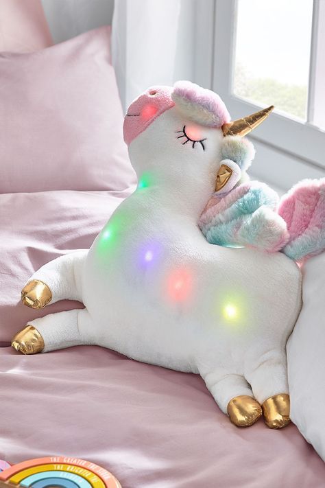 Buy White Light Up Unicorn Cushion from the Next UK online shop Toddler Unicorn Room, Unicorn Bedrooms, Girls Bedroom Unicorn, Unicorn Kids Room, Girls Rainbow Bedroom, Colour Changing Lights, Bedroom Rainbow, Handmade Childrens Clothes, Rainbow Bedroom