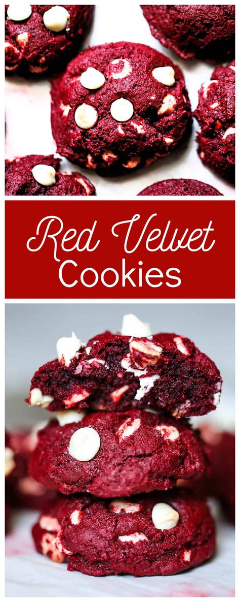 These easy super-thick delicious Red Velvet Cookies have the perfect balance of red velvet flavor, with a touch of cocoa and are made from scratch. These are a little crisp on the edges, a little chewy, and gooey, soft in the centers and soooo addictive. #redvelvet #levaincookies #redvelvetlevaincookies #cookies #valentinecookies #redcookies #redvelvetdesserts Red Velvet Cookies From Scratch, Red Velvet Cookie Recipe, Levain Cookies, Red Velvet Desserts, Velvet Cookies, Cookies From Scratch, Red Velvet Cookies, Photo Food, Cookie Calories