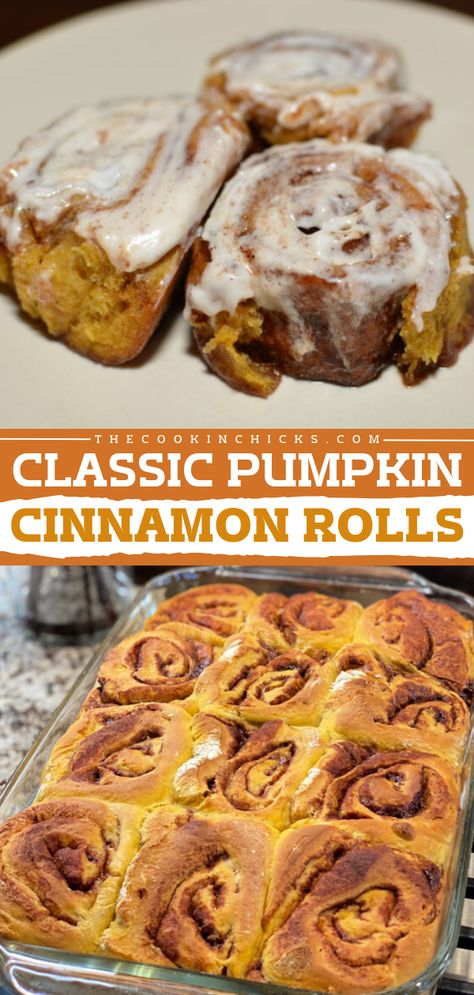 An easy Thanksgiving sweet treat featuring homemade cinnamon rolls! Fluffy and flavorful, these pumpkin cinnamon rolls with cream cheese frosting are an amazing fall baking recipe. Save this pumpkin food idea and whip up a batch of these fall cinnamon rolls! Pumpkin Cinnamon Rolls Easy, Fall Cinnamon Rolls, Pumpkin Recipes Dinner, Pumpkin Rolls, Cinnamon Rolls With Cream Cheese, Cinnamon Rolls With Cream, Pumpkin Food, The Cookin Chicks, Chicke Recipes