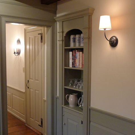 Amy Woolf Color Consulting www.awcolor.com Sage trim and putty walls with built-in Bookcases Cabinet Built Into Wall, Sage Trim, Farmhouse Trim, New England Colonial, Traditional Colonial, Colonial Design, Built In Bookcase, Painting Trim, Home Design Ideas