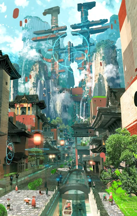 ArtStation - Old work 2015, Red Hong Solar Punk, Tall Buildings, Cyberpunk City, Fantasy City, Fantasy Places, Futuristic City, Art Landscapes, Fantasy Art Landscapes, Fantasy Concept Art