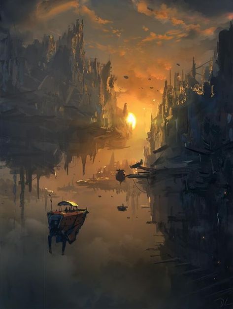 Floating City Fantasy Art, Floating Islands Fantasy Art, Concept Art Environment, Floating Cities, City In The Sky, Décor Steampunk, Art Environment, Floating Islands, Environment Painting