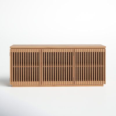 Modern and clean slatted sideboard; with 2 double doors, and 1 single door | Joss & Main Kito 70" Wide Sideboard Wood in Brown | 31.5 H x 70 W x 20 D in | Wayfair Slatted Sideboard, Slat Sideboard, Wooden Tv Console, Japandi Bedroom Ideas, Japandi Bedroom, Ac Cover, Retail Ideas, Japandi Living, Dining Buffet