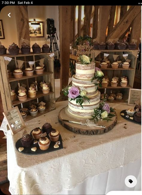 Cupcake Table Wedding Rustic, Rustic Cake With Cupcakes, Rustic Wedding Cake And Dessert Table, Country Wedding Cupcakes Rustic, Cheap Rustic Wedding Decor, Rustic Wedding Cake Table Ideas, Cake And Cupcake Stand Wedding, Sweets Table Set Up Ideas, Modern Romantic Rustic Wedding