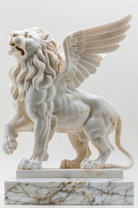 Majestic White Marble Lion with Wings Statue on Podium Statue With Wings, Ancient Lion, Lion With Wings, Greek Mythology Statue, Styrofoam Art, Animal Taxidermy, Winged Lion, Inspirational Digital Art, Lion Statue