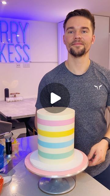 Harry Shakespeare on Instagram: "🌈BUTTERCREAM STRIPES TUTORIAL🌈  Today I’m going to talk you through the process of getting perfect buttercream stripes.  Stripes cakes are all about patience.  Here’s some tips- - make sure your cake it’s fully chilled and set - Use a hot scraper - If your top layer starts to melt, re chill your cake - Trust the process - Focus on areas that need extra attention  These cakes take TIME! There must have been about 15-20 scrapes that you didn’t see in this video.  Let me know what you think! What tutorial should I go through next?  You can get my recipes on my website HarryBakess.com  Colours @. code HARRY10 for 10% off Board @  code HARRY10 for 10% off  #buttercream #buttercreamtutorial #cakerecipe #buttercreamstripes #cakelesson #cakedecorating #buttercrea How To Make A Striped Cake, How To Do Stripes On A Cake, How To Make Stripes On Cake, 2 Tier Rainbow Cake, Striped Cake Tutorial, New Trend Cake Design, Striped Birthday Cake, Stripe Cake, Cake Design For Men