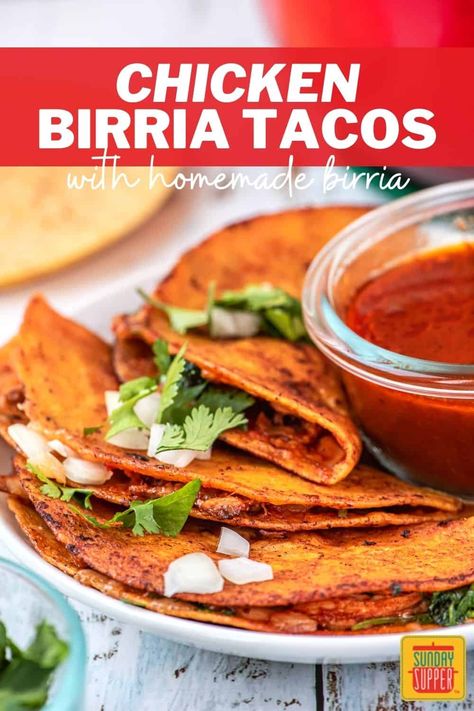 My Chicken Birria Tacos are inspired by traditional Mexican recipes for birria de pollo, and are a total game-changer! A homemade sauce using classic ingredients makes these chicken quesabirria tacos the best you will ever try. via @thesundaysupper Homemade Birria, Barrio Tacos, Birria Sauce, Chicken Birria Tacos, Traditional Mexican Recipes, Chicken Birria, Birria Tacos Recipe, Quesabirria Tacos, Beef Birria Recipe