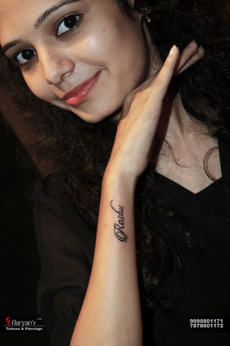 #Beauty..! #Script #Tattoo #SideWrist #Aaryans #Ahmedabad: 9099801171. Akshara Name Tattoo, Tamil Tattoo, Bridal Boutique Interior, Ring Tattoo Designs, Ring Tattoo, Script Tattoo, Sms Language, Couple Tattoos Unique, Tattoos Unique