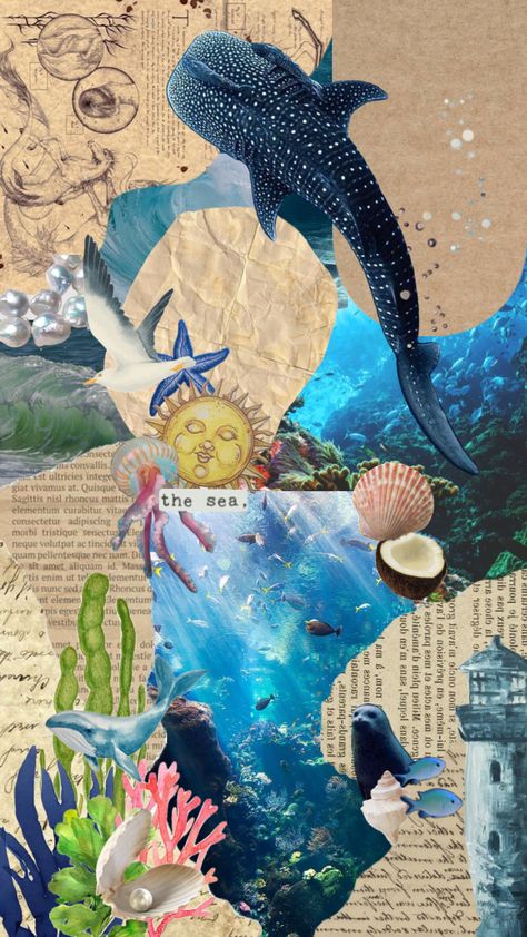 #vintage #scrapbook #sea #ocean #oceanaesthetic #beach #sealife #animals Ocean Themed Background, Scrapbook Sea Theme, Sea Life Poster, Sea Mixed Media, Sea Life Mood Board, Save The Sea Poster, Marine Life Art Gcse, Ocean Mixed Media, Ocean Yearbook Theme