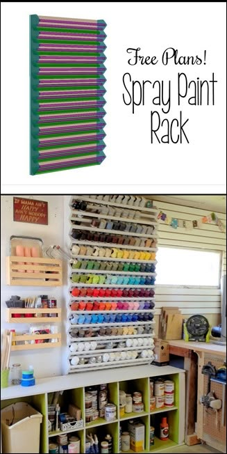 Woodworking Space, Spray Paint Storage, Woodshop Ideas, Paint Rack, Paint Organization, Woodworking Organization, Free Building Plans, Woodshop Organization, Diy Spray Paint