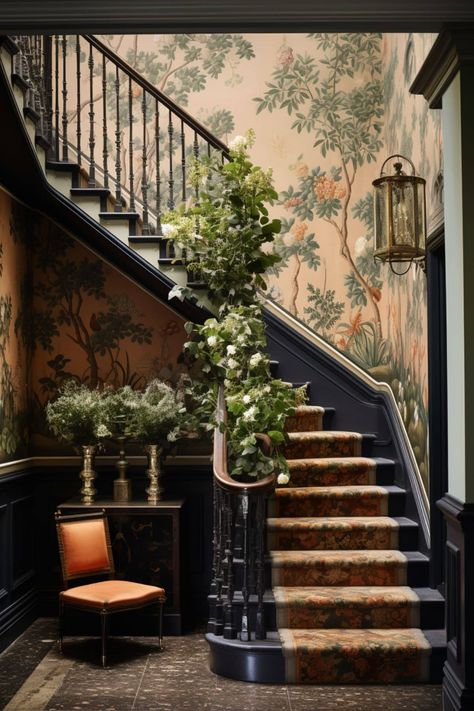 Is Wallpaper Back in Style? A Deep Dive into Interior Design Trends - Melanie Jade Design Victorian Hallway Wallpaper, Minimalist Wallpaper Home Decor, Stairs Over Stairs, Wallpapered Stairwell, Wallpaper Hallway Stairs, Wallpapered Staircase, Wallpaper Staircase Wall, Wallpaper Hallway Ideas, Room With Paintings