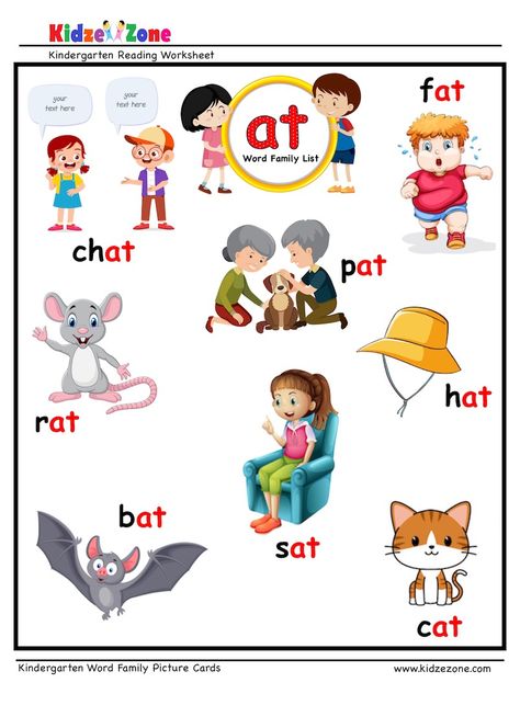 At Word Family Worksheet, A Sound Words With Pictures, At Word Family, At Words, Word Family List, Medial Sounds, Kindergarten Word Families, Words Worksheet, Family Roles