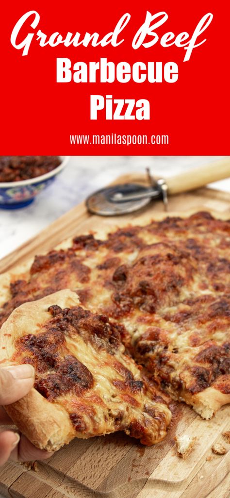 Takes but a few minutes to make this super tasty Ground Beef Barbecue Pizza! Tried and tested crowd-pleaser. Freezable – assuming there are left-overs. Cheeseburger Recipes, Barbecue Pizza, Beef Barbecue, Beef Pizza, Hamburger Pizza, Bbq Pizza, Keto Pizza, Bbq Beef, Pizza Recipes Homemade