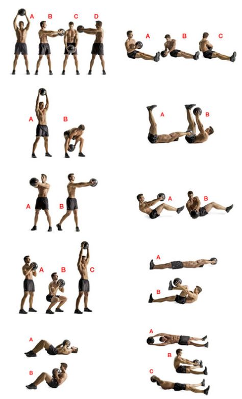 10 exercises 20 reps each. (1) Big Circles (2) Woodchopper (3) Standing Russian Twist (4) Squat to Press (5) Sit up  (6) Rock Solo - put ball down on one side and pick up on the other side (7) Toe Touch  (8) 45 degree twist (9) Suitcase Crunch (10) Diagonal Crunch                                                                                                                                                     More Medicine Ball Ab Workout, Medicine Ball Abs, Kettle Ball, Workout Man, Medicine Ball Workout, Ball Workout, Weight Ball, Basketball Workouts, Medicine Ball