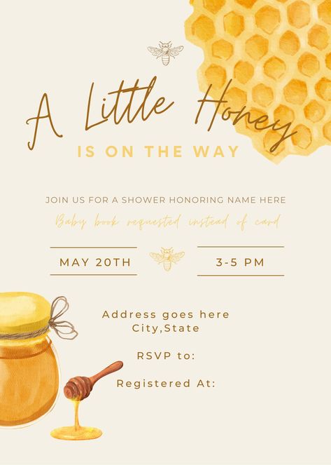 A sweet honey bee baby shower invitation. Easily personalized. Honey Bee Baby Shower Invitations, Bee Baby Shower Invitations, Bee Invitations, Honey Bee Baby Shower, Baby Shower Announcement, Sweet Baby Names, Baby Shower Theme Decorations, Bee Baby Shower Theme, Mommy To Bee