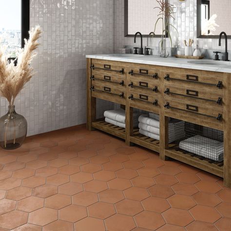 Moroccan Concrete - Terra Cotta Terra Cotta Bathroom, Virginia Tile, Tiles Price, Hexagonal Mosaic, Tile Companies, Terracotta Tiles, Color Tones, Moroccan Style, Shower Floor