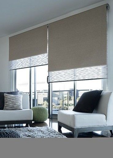 Dual Roller Blinds - Remodelista    http://www.shelleysassdesigns.com/ Modern Roller Blinds, Blinds For Windows Living Rooms, Popular Window Treatments, Window Roller Blinds, Patio Blinds, Fabric Roller Blinds, Modern Blinds, Living Room Blinds, Bedroom Blinds