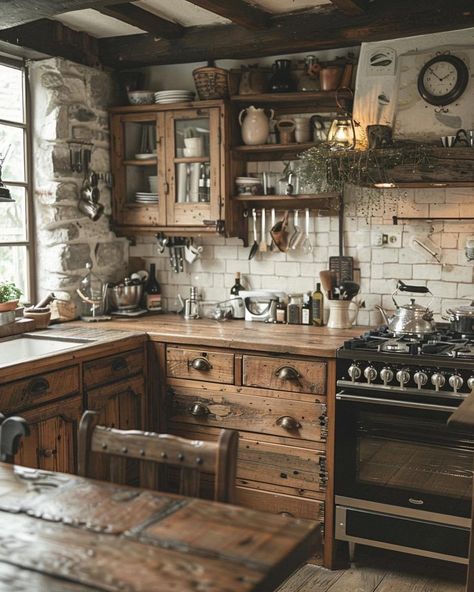 Cottagecore Home Design, Cabin Interiors Kitchen, Log Cabin Kitchen, Boho Kitchen Ideas, Fotografi Vintage, Cabin Kitchens, Cabin Interiors, Boho Kitchen, Cozy Kitchen