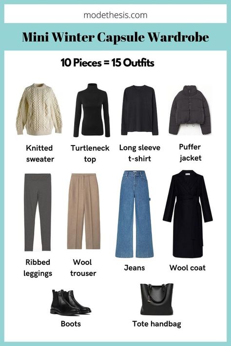 This is a mini winter capsule wardrobe suitable for travelers and minimalists! Learn how to create 15 outfit combinations from just 10 winter wardrobe essentials! 
This winter capsule wardrobe consists of 3 tops, 3 bottoms, 2 outerwear, 1 pair of footwear, and 1 bag. The color palette is black, grey and beige. January Europe Outfits, Winter Basics Wardrobe 2023, Travel Capsule Wardrobe Fall Germany, Winter Carry On Capsule Wardrobe, European October Outfits, Minimal Winter Wardrobe, European Winter Travel Capsule Wardrobe, Australian Winter Fashion 2024, Fall Travel Capsule Wardrobe Europe