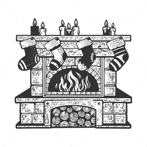 Fireplace Drawing Sketch, Fireplace Tattoo, Fireplace Sketch, Sketching 101, Fireplace Illustration, Advent Art, Fireplace Drawing, Christmas Sketch, Fireplace Stockings