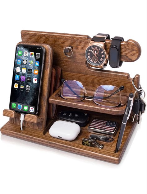 Wood Phone Docking Station with room for other accessories Bed Side Organizer, Phone Charging Station Ideas, Man Desk, Phone Docking Station, Wooden Docking Station, Key Holder Wallet, Wooden Desk Organizer, Ash Tree, Organization Gifts