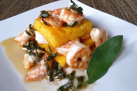 Polenta Stacks, Shrimp Stack, Butter And Sage Sauce, Shrimp Sauteed, Shrimp And Polenta, Butter Sage Sauce, Parmesan Polenta, Brown Butter Sage Sauce, Sage Sauce