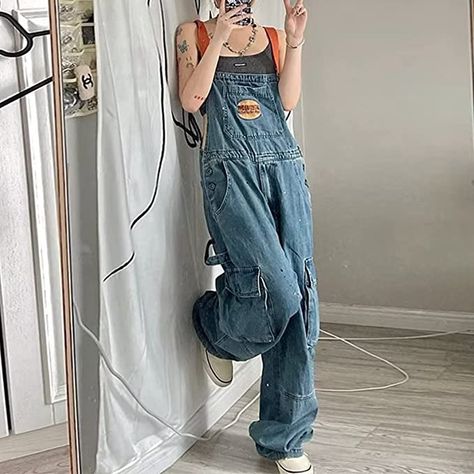 Women's Overalls Cargo Pants One Piece Denim Sweatpants Loose Fit Active Joggers Vintage Trousers with Pockets Baggy Blue Style Aesthetic, Overalls Aesthetic, Preppy Fabric, Aesthetic Boyfriend, Style Bleu, Strap Pants, Straps Jumpsuit, Cool Girl Style, Jumpsuit Casual