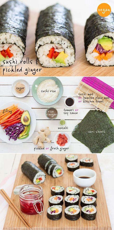 We show you how to make simple #sushi rolls and homemade #pickled #ginger. Step by step photos on the blog. https://es.pinterest.com/doublecloth/ Simple Sushi, Lazy Cat Kitchen, Smoothies Vegan, Cat Kitchen, Vegan Sushi, Pickled Ginger, Simple Dinner, Sushi Recipes, Lazy Cat