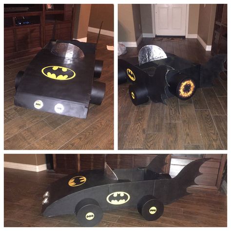 Batmobile made out of cardboard for our kindergarten project! Cardboard Batmobile, Box Cars For Kids Cardboard, Cars Cardboard Box Car, Diy Batmobile Wagon, Wearable Cardboard Box Car, Batmobile Cardboard Car, Carton Car, Kindy 500, Diy Car Projects