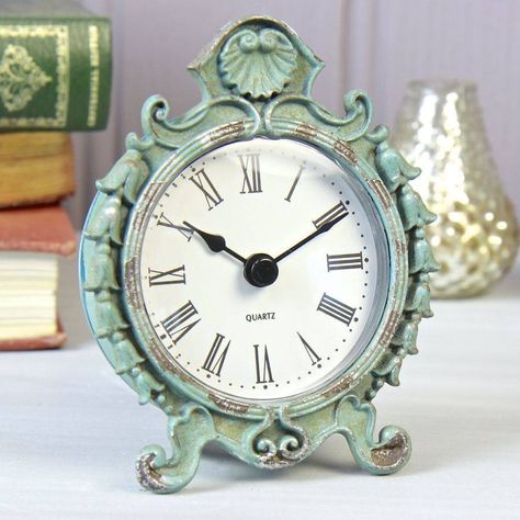 Blue Vintage Filigree Desk Clock Blue Vintage Bedroom, Small Round Table, Flourish Design, Contemporary Wall Clock, Clock Vintage, Shelf Clock, Metal Clock, Clock Shop, Vintage Bedroom