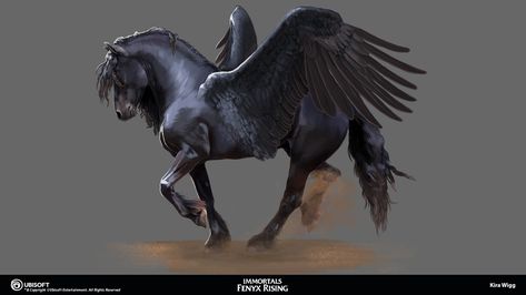 ArtStation - Immortals Fenyx Rising - Horse Skins 4, Kira Wigg Fantasy Horse Concept Art, Mythical Horses Fantasy Art, Horse Creature Concept, Black Horse Fantasy Art, Mystic Horse Art, Pegasus Art, Magical Horses, Winged Horse, Fantasy Horses