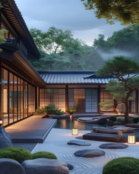 Japanese Inspired Homes, Japanese Style House Exterior, Japanese Style Homes, Japanese Modern Architecture, Luxury Japanese House, Japanese Zen House, Zen Courtyard, Japanese House Exterior, Japanese Mansion