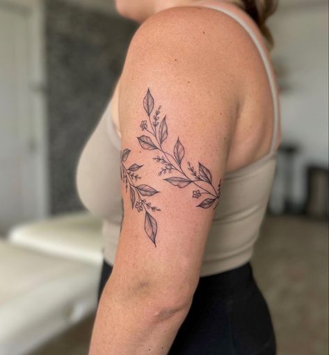 Fine Line Flower Half Sleeve, Women Vine Tattoo Arm, Botanical Upper Arm Tattoo, Botanical Wrap Around Tattoo, Flower And Greenery Tattoo, Wrapping Floral Tattoo, Floral Bicep Wrap Tattoo, Upper Arm Floral Wrap Tattoo, Women’s Upper Arm Sleeve Tattoo