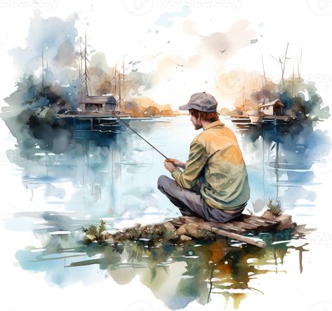 Watercolor lake fishing illustration. Hand drawn fisherman isolated on white background. Catching fish hobby scene. Fishing Clipart, Fish Clipart, Fishing Decals, Boy Fishing, Fish Illustration, Fish Drawings, Lake Fishing, Catching Fish, Kids Clipart