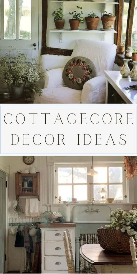 The cottagecore aesthetic is a new trend depicting a simpler life, a rural life, a charming way of living. Here are cottagecore decor ideas to create this look or lifestyle. Photo ideas and detailed instructions teaching how to decorate a cottagecore home. Using rustic furniture, vintage decor like vases, botanical art of mushrooms, butterflies, and flowers. Cottage core decorating ideas from farmcore, grandmacore, gardencore, meadowcore and more. Cottagecore Decor Ideas, What Is Cottagecore, Laundry Cafe, Cottage Core Diy, Cottagecore Homes, Cottage Core Home Decor, Cottage Core Home, Cottagecore Living, Cottagecore Home Decor