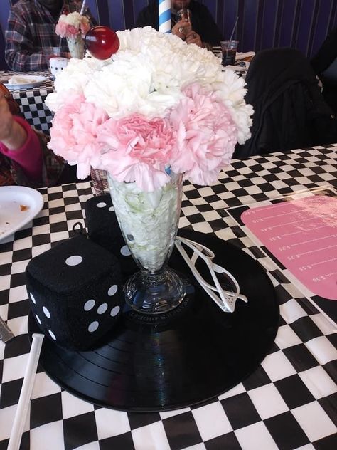 Grease Themed Table Decorations, Sock Hop Table Centerpieces, Grease Theme 1st Birthday Party, Grease Table Decorations, Grease Themed Wedding, Grease Party Games, Rockabilly Decorations Party, Grease Themed First Birthday, 50s Theme Birthday Ideas For Women