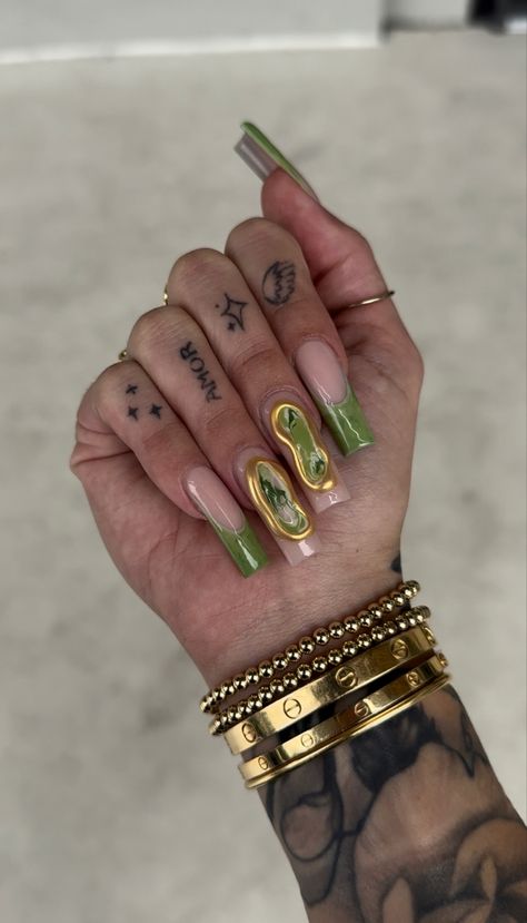 Nails With Sequins, Jade And Gold Nails, Earth Nails, Jade Nails, Boho Nails, Vintage Nails, Hippie Nails, Colored Acrylic Nails, Acrylic Nails Coffin Pink