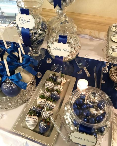 Royal Blue, Silver and White Wedding Party Ideas | Photo 2 of 17 | Catch My Party Royal Blue Silver And White Decorations, Blue And White Food Ideas, Blue Silver And White Wedding, Silver And White Wedding, Diamonds And Denim Party, White Wedding Party, Silver Wedding Theme, Blue Graduation Party, Christmas Strawberry