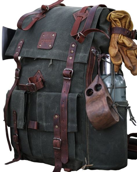 Hiking Canvas Flap Hiking Backpack Hiking Bag Leather and Canvas Backpack Leather Canvas Camping Backpack Camping Rucksack - Etsy Finland Steam Punk Backpack, Post Apocalyptic Backpack, Hiking Bag Aesthetic, Hiking Backpack Aesthetic, Earthy Backpack, Survivalist Outfit, Medieval Backpack, Backpack Reference, Adventurer Bag