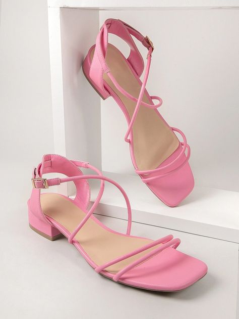 Faux Leather Open-Toe Ankle Strap Heels | SHEIN USA Heels Shein, Mini Heels, Women Flat Sandals, Ankle Strap Sandals Flat, Fashion Shoes Sandals, Ankle Strap Block Heel, Strappy Sandals Flat, Pink High Heels, Ankle Strap Sandals Heels