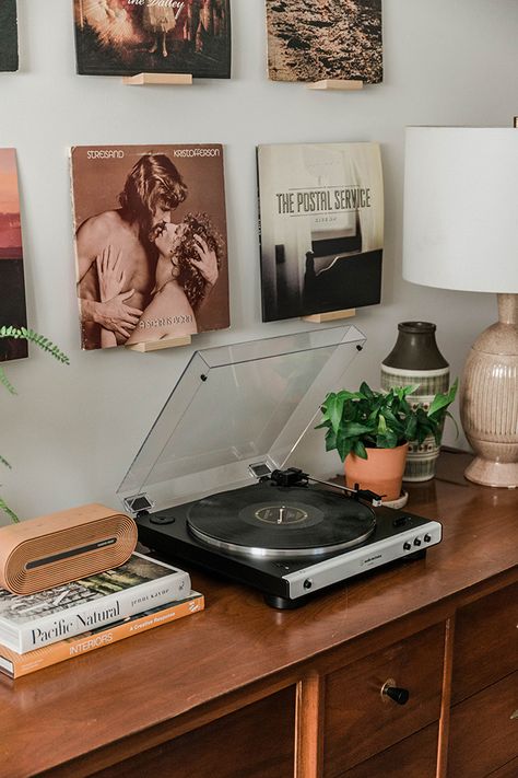 Our New Turntable And Vinyl Wall - Dream Green DIY Record Wall Bedroom, Vinyls On Wall Aesthetic, Vinyls On Wall, Vinyl On Wall, Vinyl Record Room, Vinyl Records Wall, Vinyl Record Display, Vinyl Room, Music Corner