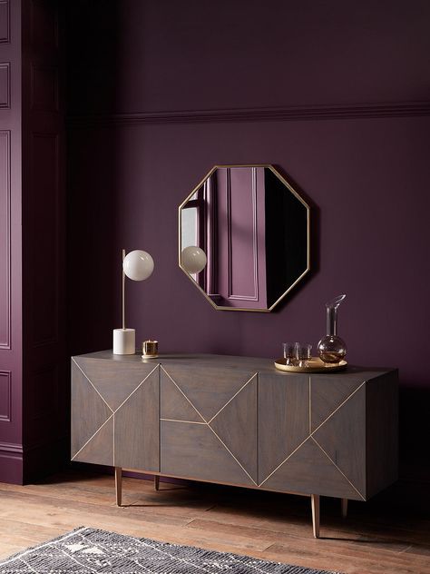 BuyJohn Lewis & Partners + Swoon Mendel Sideboard, Grey Online at johnlewis.com How To Style A Sideboard, Sideboard Styling, Installation Ideas, Purple Room, Room Wall Colors, Bedroom Wall Colors, Mirror On The Wall, Purple Walls, Window Installation